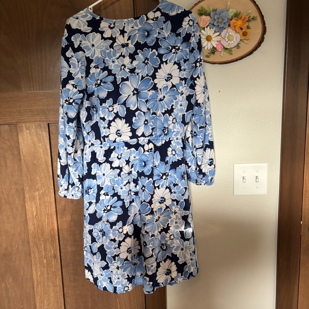 Old Navy Waist-Defined Wrap-Front Dress Size L Blue Watercolor Floral - Picture 3 of 5